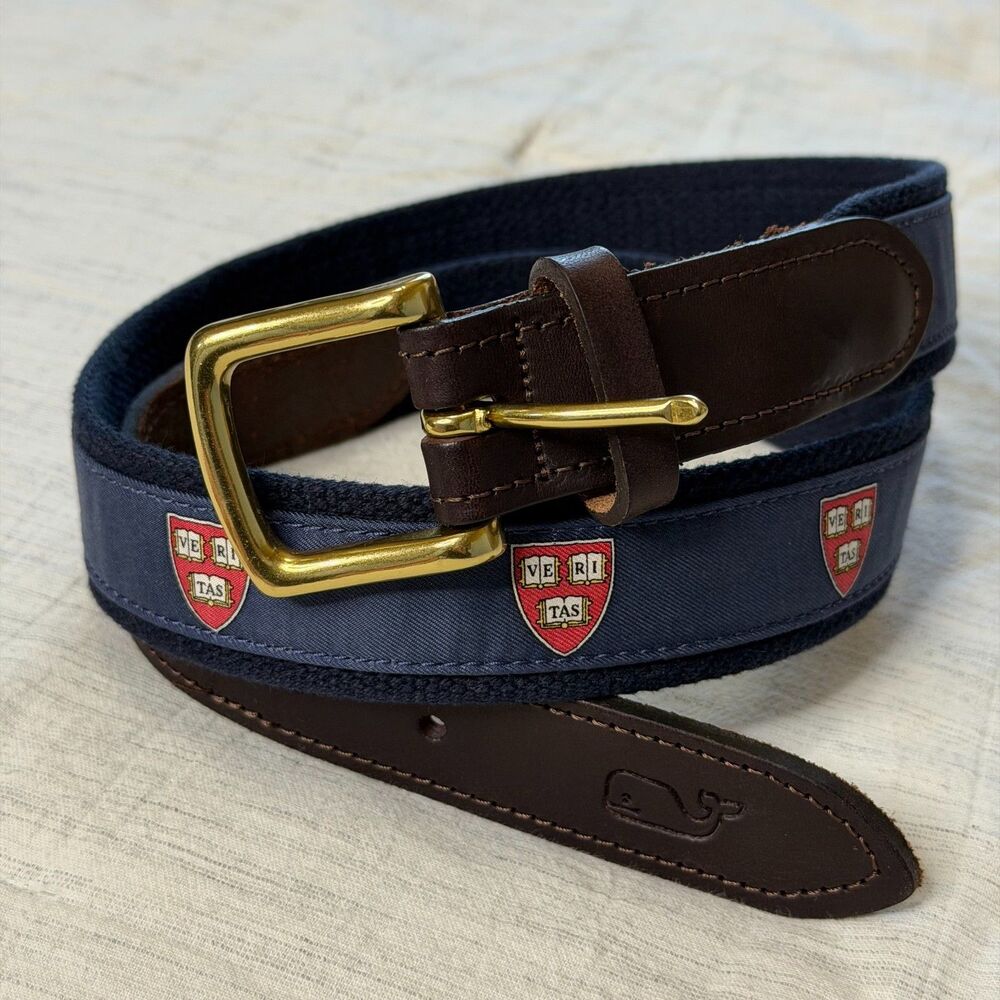 Vineyard Vines Belt Mens 36 Blue with Red Harvard University "Veritas" Shields